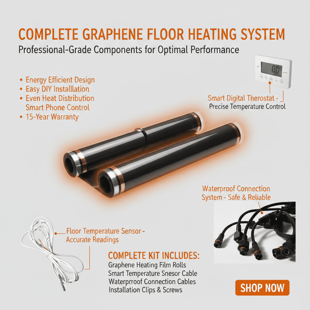 Graphene floor heating installed in a modern living room, energy-efficient and silent comfort