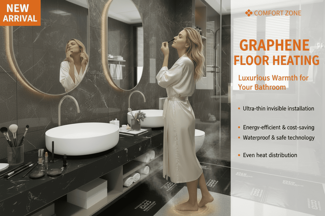 Bathroom with graphene floor heating providing warm and safe comfort