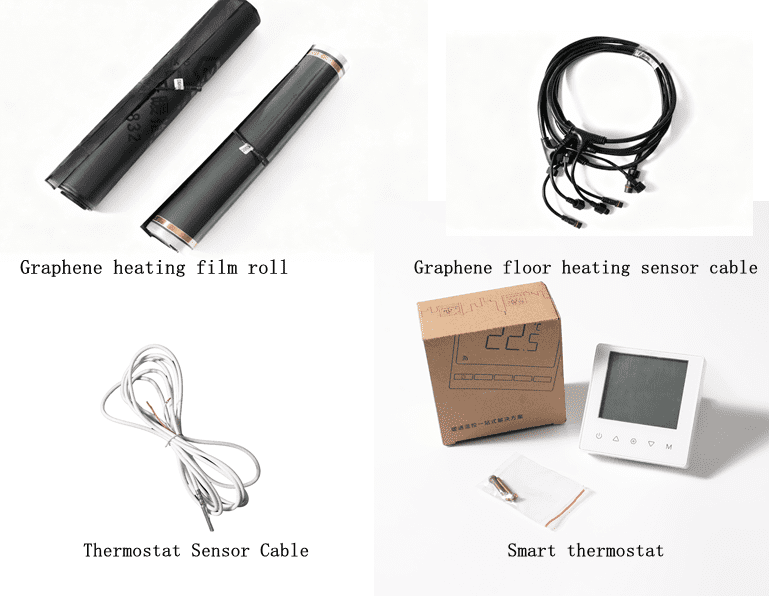 Graphene Floor Heating Product Combination | Full Heating Solution Complete graphene floor heating product set including cables, mats, and thermostat