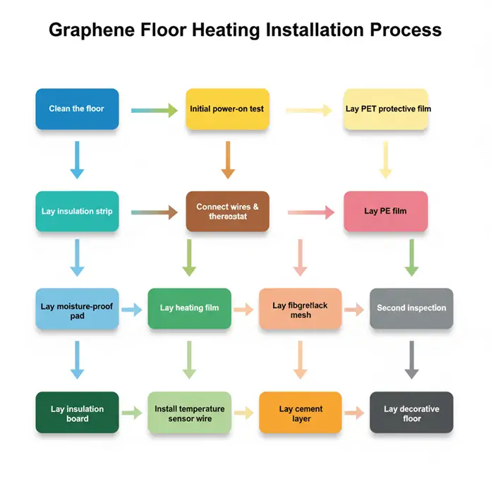 Graphene Heating Installation Guide | Visual Step Sequence Graphene heating installation sequence guide with visual floor plan
