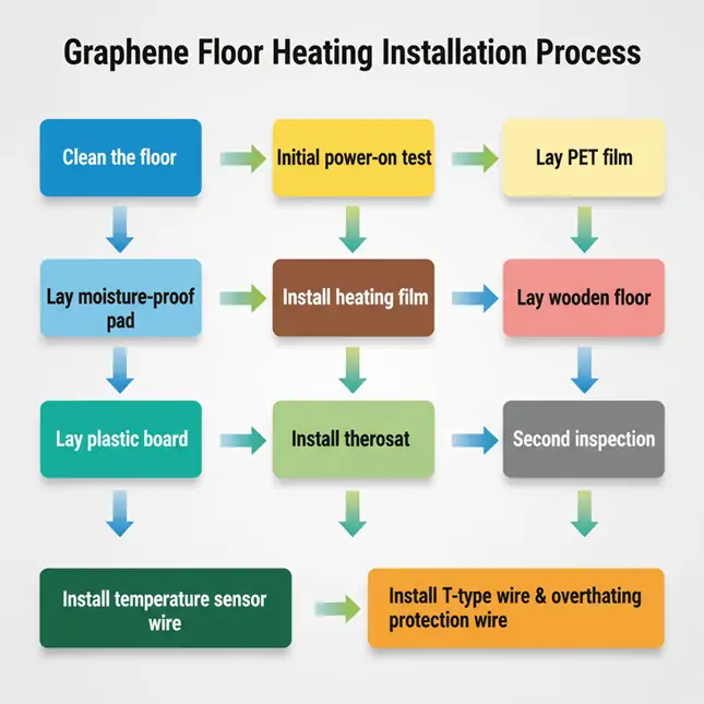 Graphene Heating Installation Guide | Visual Step Sequence Graphene heating installation sequence guide with visual floor plan