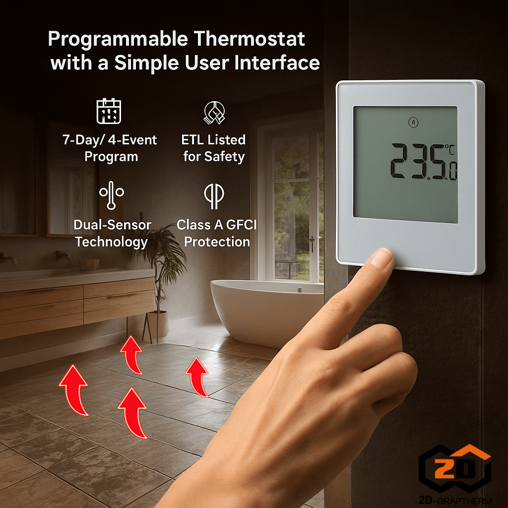 Components of a graphene underfloor heating system, including the heating film, thermostat, and connecting wires.