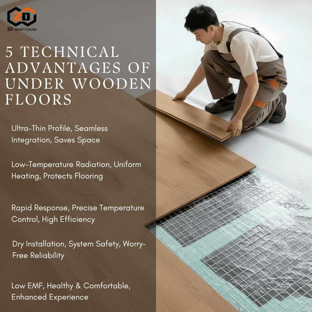 Infographic listing the five technical advantages of installing underfloor heating under wooden floors.