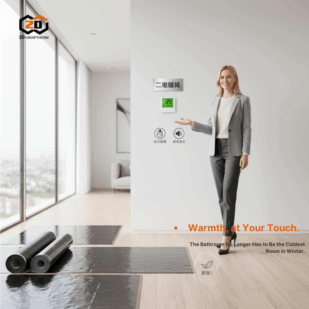 Promotional image for the 2D-GRAPTHERM brand, showcasing a warm and safe graphene underfloor heating solution for bathrooms.