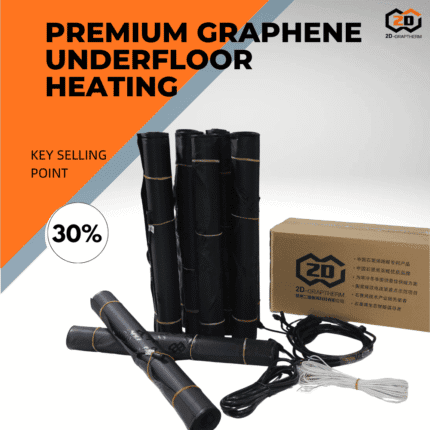 2D-CARTON graphene underfloor heating system diagram showing energy-efficient electric floor heating with 30% reduced energy consumption. Ideal for radiant floor heating, electric underfloor heating, and home heating solutions.
