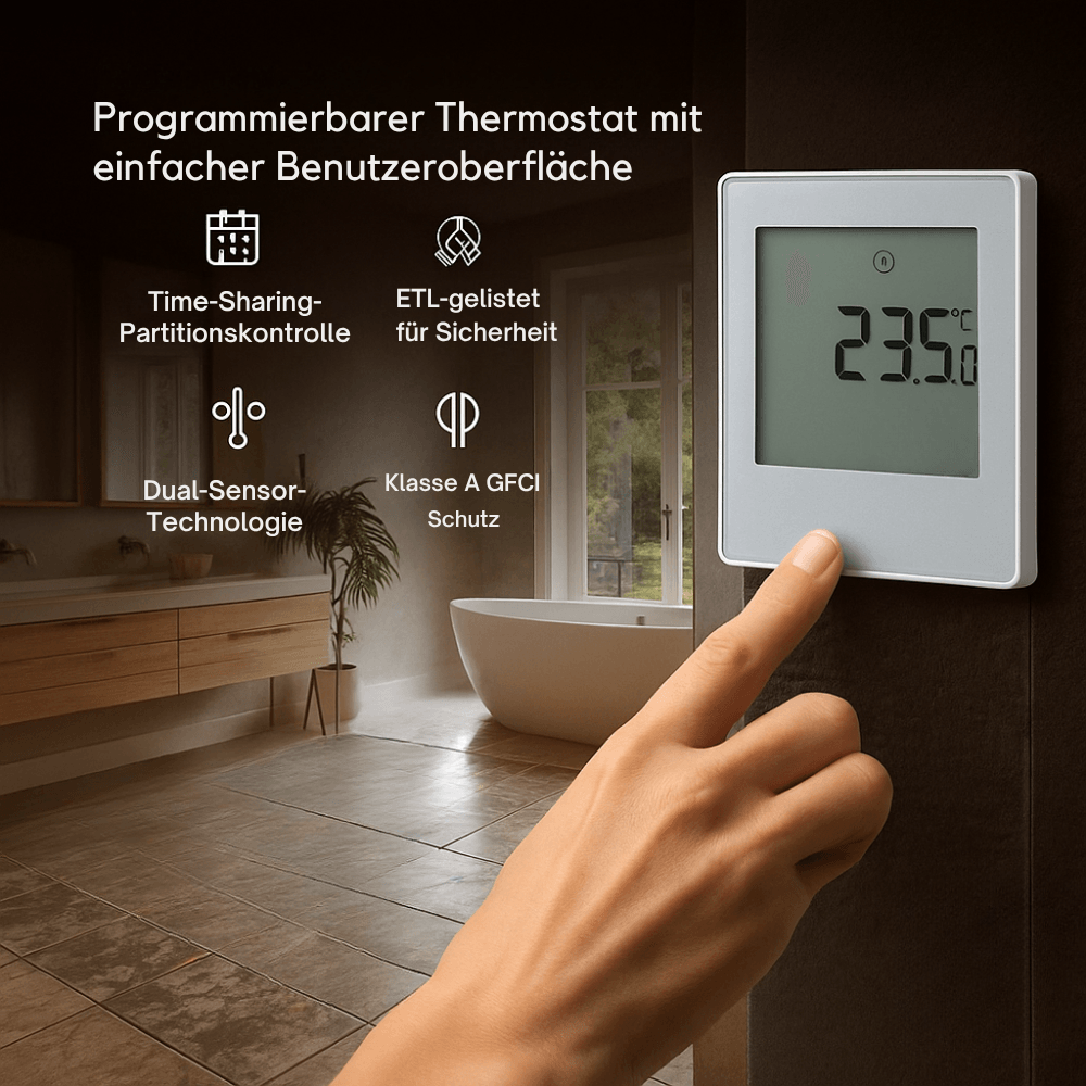 Ein programmierbarer Thermostat mit einfacher Benutzeroberfläche für die Fußbodenheizung, der Zeitschalt- und GFCI-Funktionen zeigt