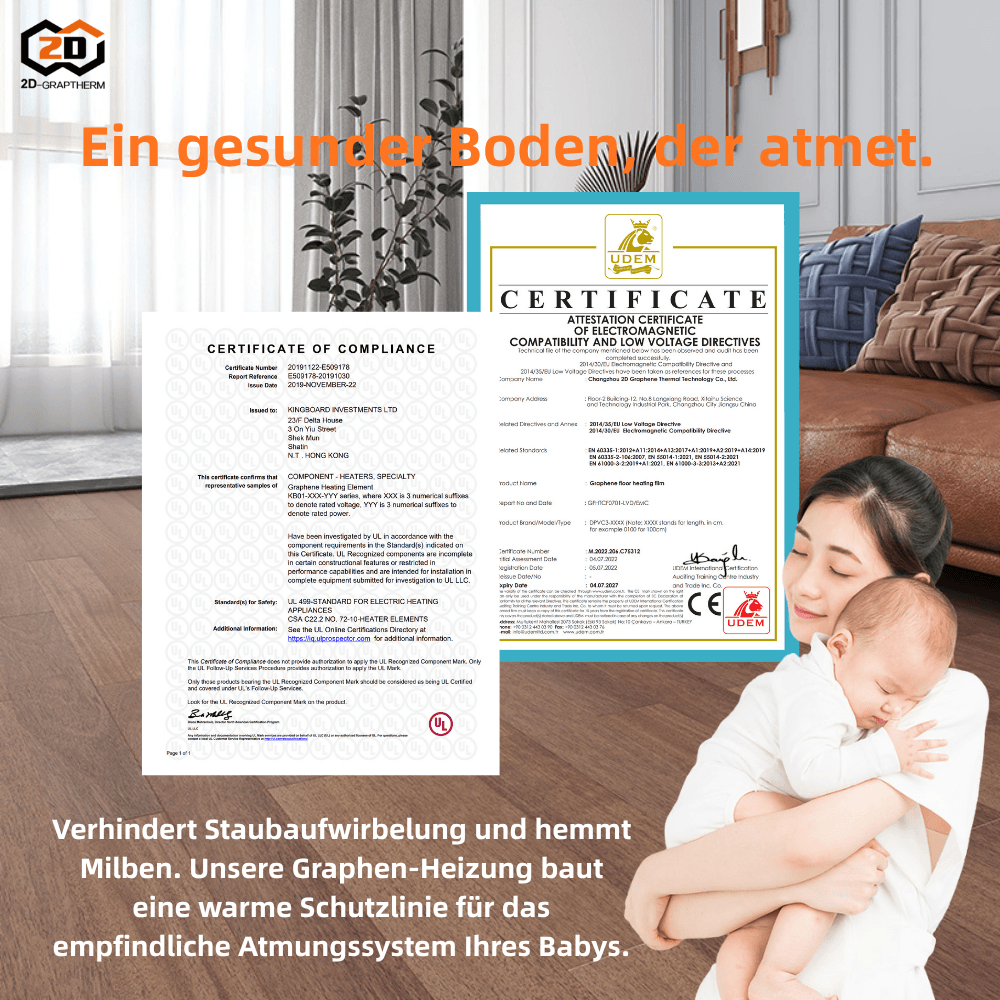 Zertifikate für elektromagnetische Kompatibilität und gesunde Fußbodenheizung, die zeigt, wie sie Staub und Milben reduziert.