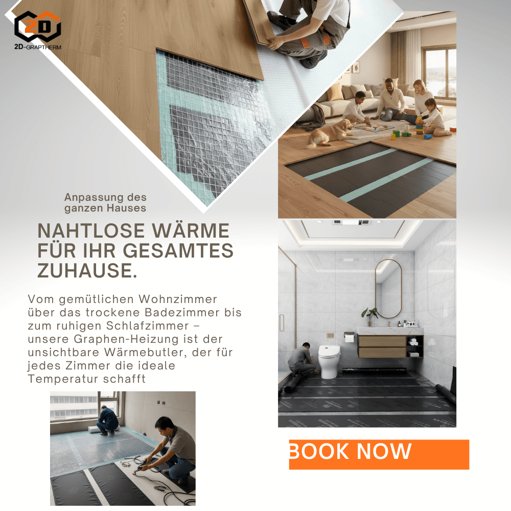 Das Logo von 2D-Graptherm und wichtige Daten, die 30% geringerer Energieverbrauch für Graphen-Fußbodenheizung zeigen