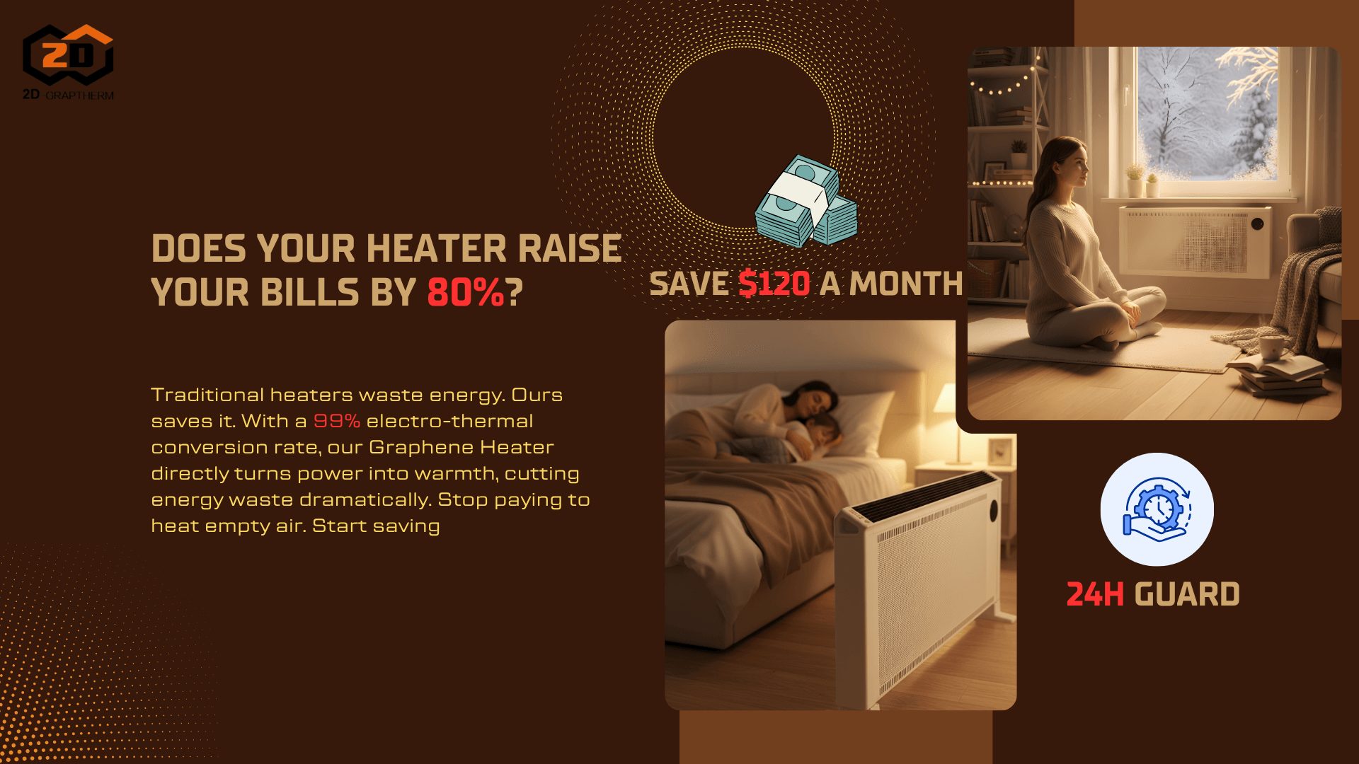 Man shocked by high heating bill vs graphene heater saving $120 monthly with 95% efficiency.