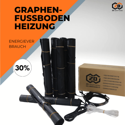 Das Logo von 2D-Graptherm und wichtige Daten, die 30% geringerer Energieverbrauch für Graphen-Fußbodenheizung zeigen.